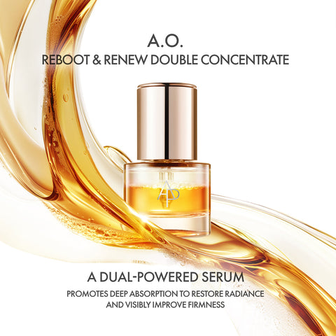 A.O. Reboot & Renew Double Concentrate serum bottle with gold liquid on a white background