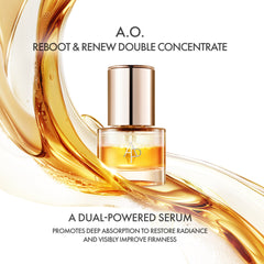 A.O. Reboot & Renew Double Concentrate serum bottle with gold liquid on a white background