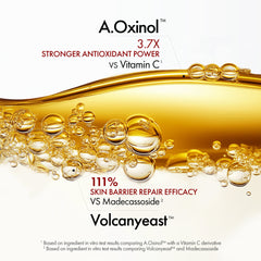 A.Oxinol product withVolcanyeast and text about antioxidant power and skin barrier repair efficacy on a white background.