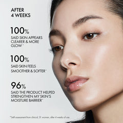 Advertisement showing a woman's face with skincare benefits text overlay