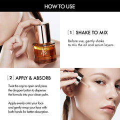 Instructions on how to use a skincare product with text and images of a bottle and application.