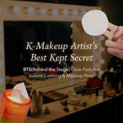 K-Makeup Artist's Best Kept Secret product with glow pads and container on a blurred makeup studio background.