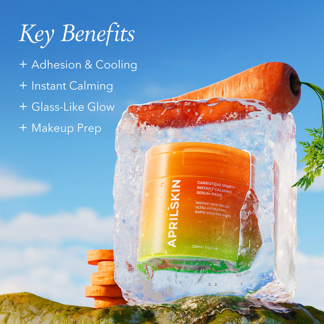 APRILSKIN product packaging with ice on a natural background
