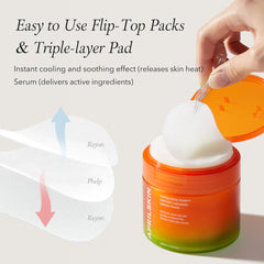Orange skincare product with a hand applying cream and text about features