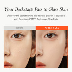 Before and after comparison of a person's face using Carrotene IPMPT Backstage Glow Pads.