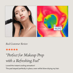 Woman using a hair dryer with a thermal imaging graphic and customer review text.