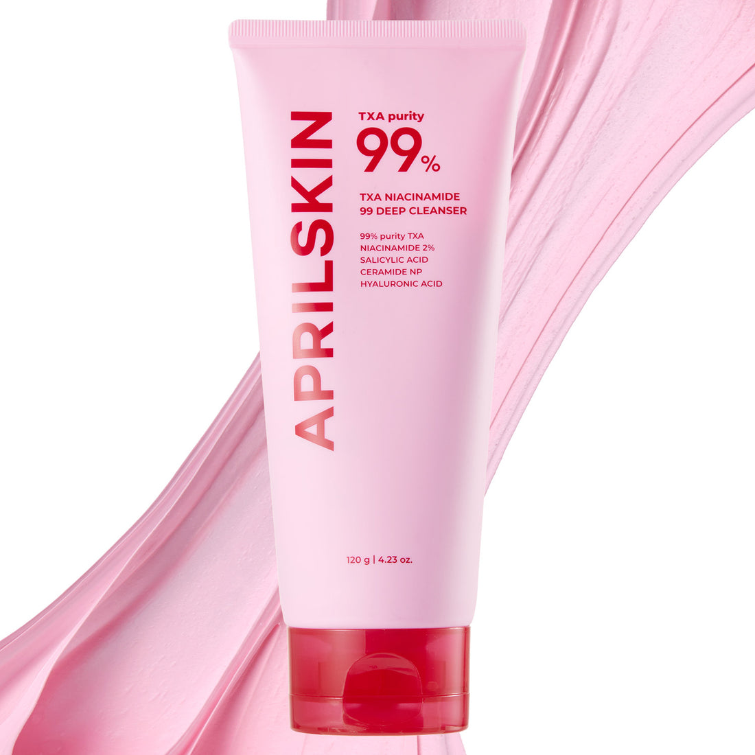 Pink skincare product with 'APRILSKIN' branding on a white background