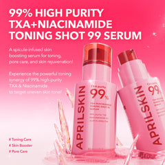 Two bottles of APRILSKIN 99% High Purity TXA+Niacinamide Toning Shot Serum on a pink background with product details.