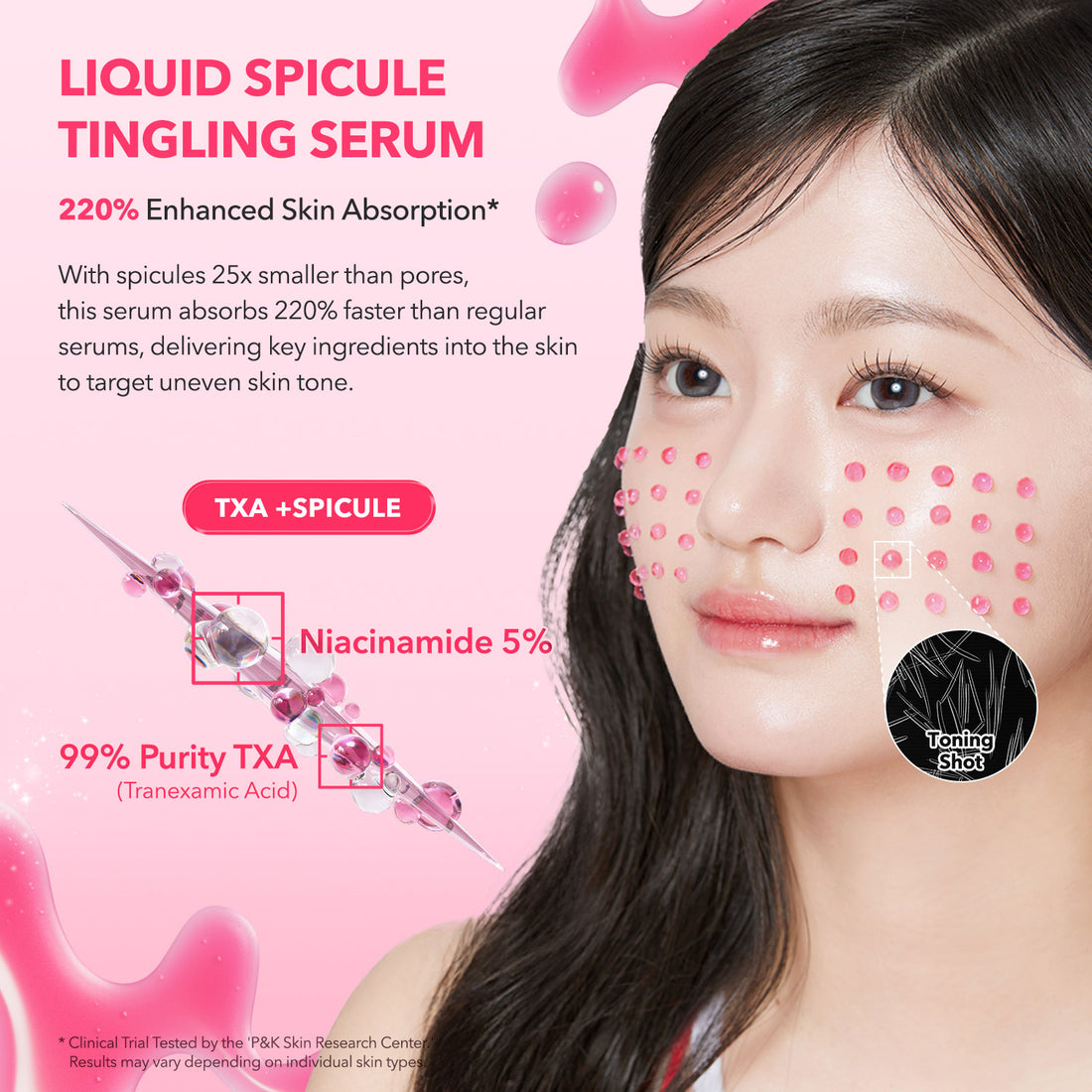 Advertisement for a liquid spicule tingling serum with a woman's face and product details on a pink background.