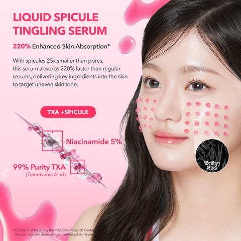 Advertisement for a liquid spicule tingling serum with a woman's face and product details on a pink background.