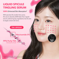 Advertisement for a liquid spicule tingling serum with a woman's face and product details on a pink background.