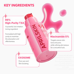 Pink skincare product with key ingredients listed on a white background