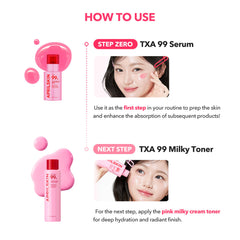 Cosmetic product guide with TXA 99 Serum and TXA 99 Milky Toner on a white background