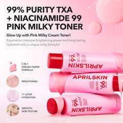 APRILSKIN pink milky toner bottles with product details on a pink background