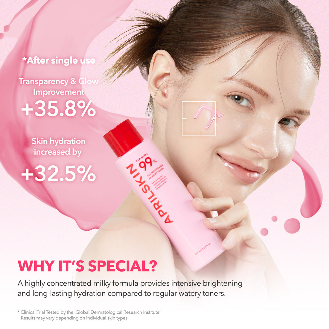 Woman holding a pink skincare product with text on a pink background