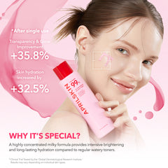 Woman holding a pink skincare product with text on a pink background