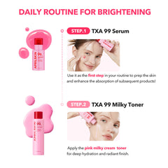Cosmetic product advertisement with step-by-step guide for skin brightening routine.