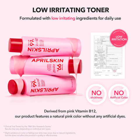 Pink bottles of APRILSKIN toner with text highlighting low-irritation and natural ingredients.