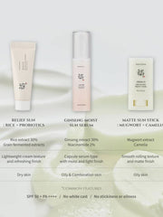Three skincare products with labels and descriptions on a light background