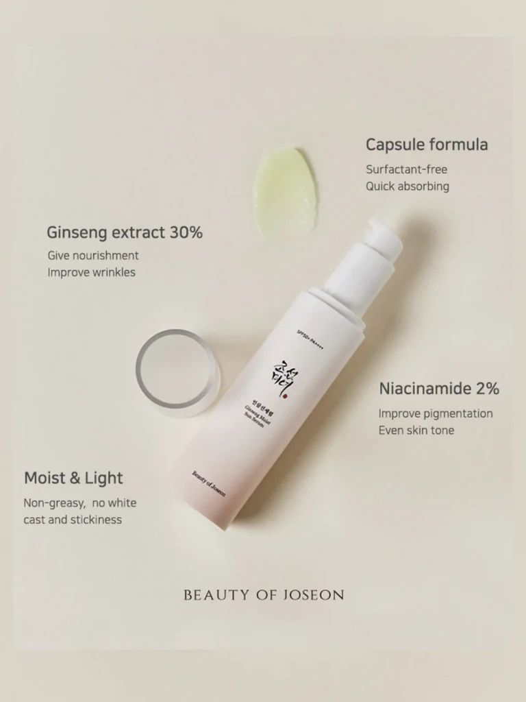 Beauty product with text detailing ingredients and benefits on a light background