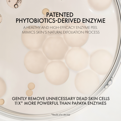 Cosmetic product packaging with text about patented phytobiotics-derived enzyme and its benefits.