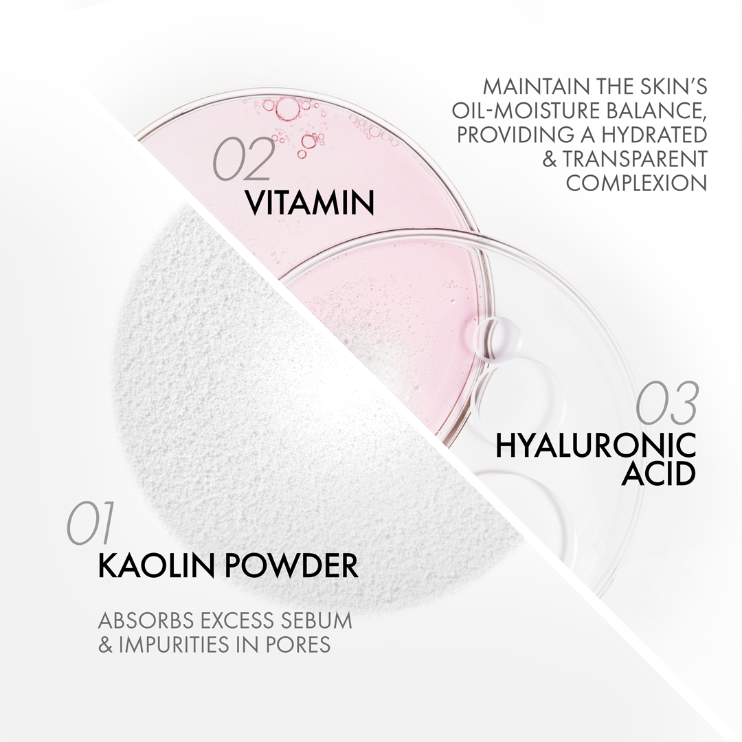 Cosmetic product with text detailing ingredients and benefits on a white background