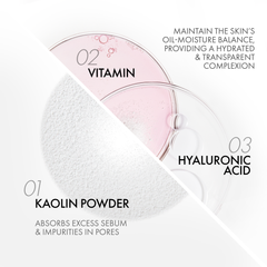 Cosmetic product with text detailing ingredients and benefits on a white background