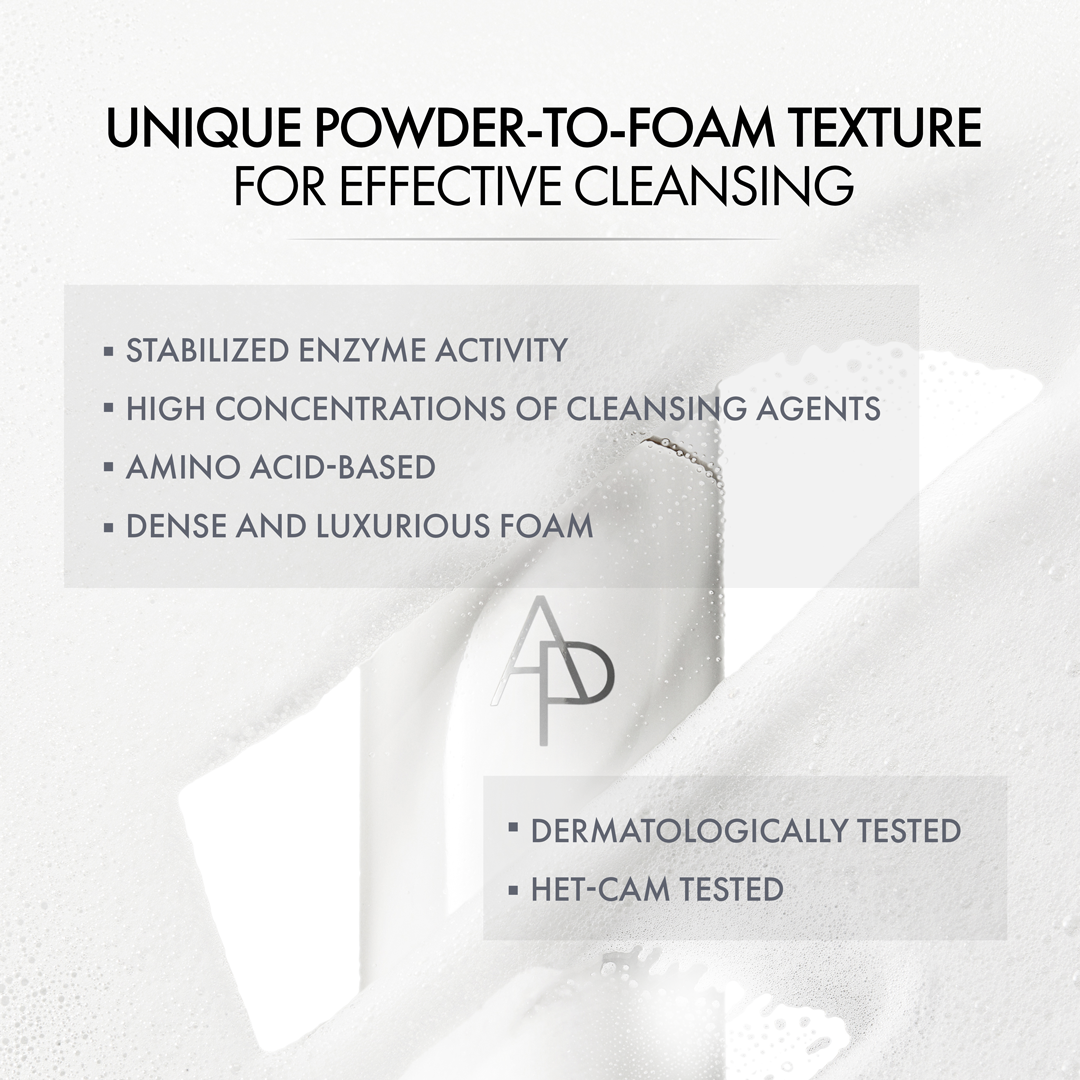 Textile with a powder-to-foam texture for effective cleansing, featuring a brand logo.