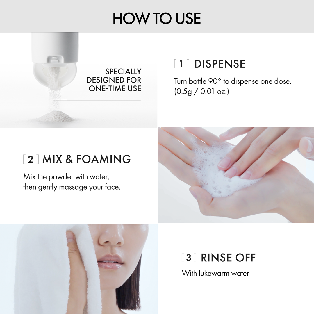 Instructions on how to use a skincare product with text and images of hands and a face.