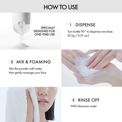 Instructions on how to use a skincare product with text and images of hands and a face.