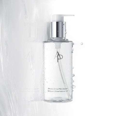 Clear skincare bottle with pump on a white background