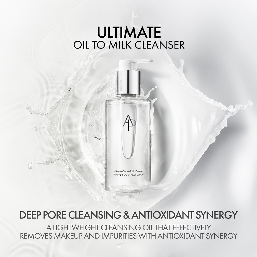 Oil to milk cleanser bottle with product description on a white background