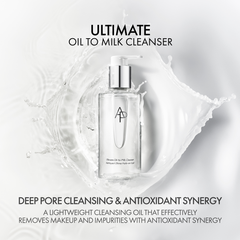 Oil to milk cleanser bottle with product description on a white background