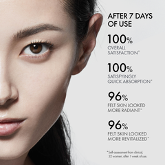 Close-up of a woman's face with skincare product benefits text overlay