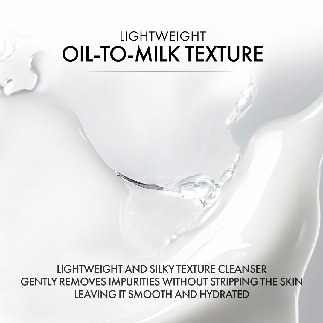 Lightweight oil-to-milk texture cleanser with text describing its properties.