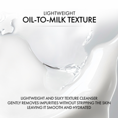 Lightweight oil-to-milk texture cleanser with text describing its properties.