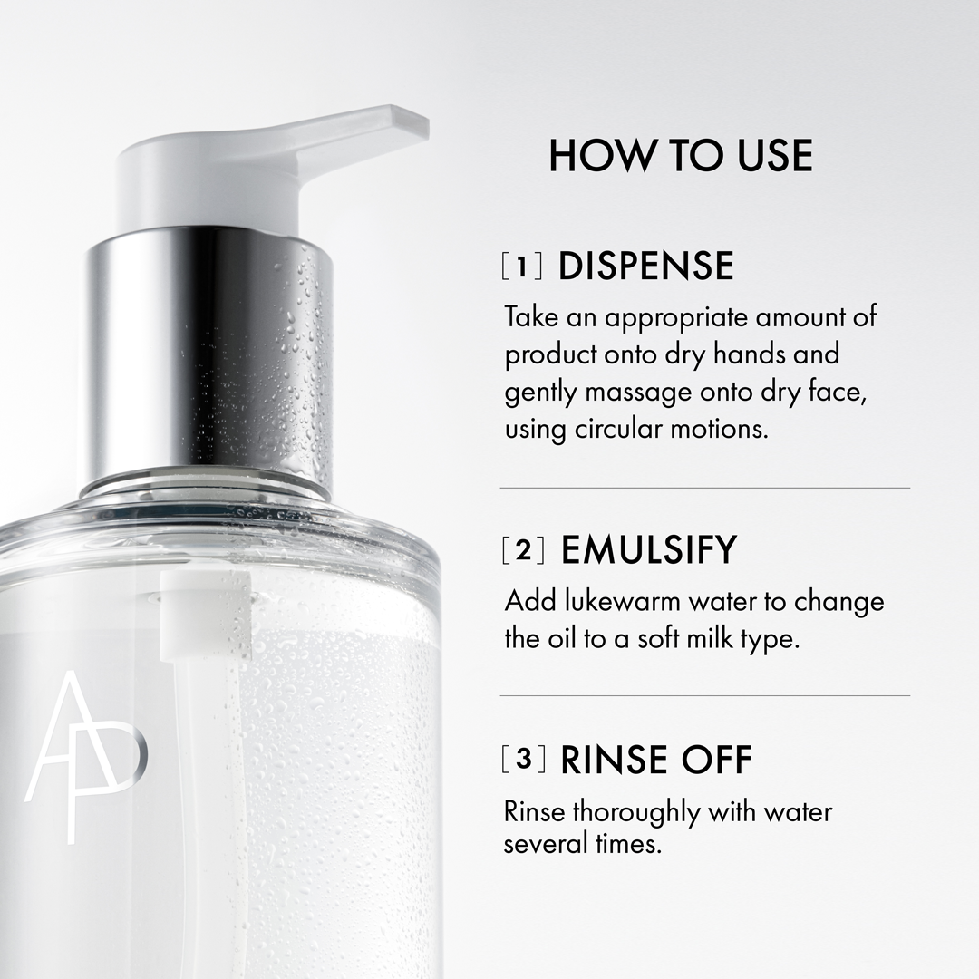 Skincare product with pump and usage instructions on a white background