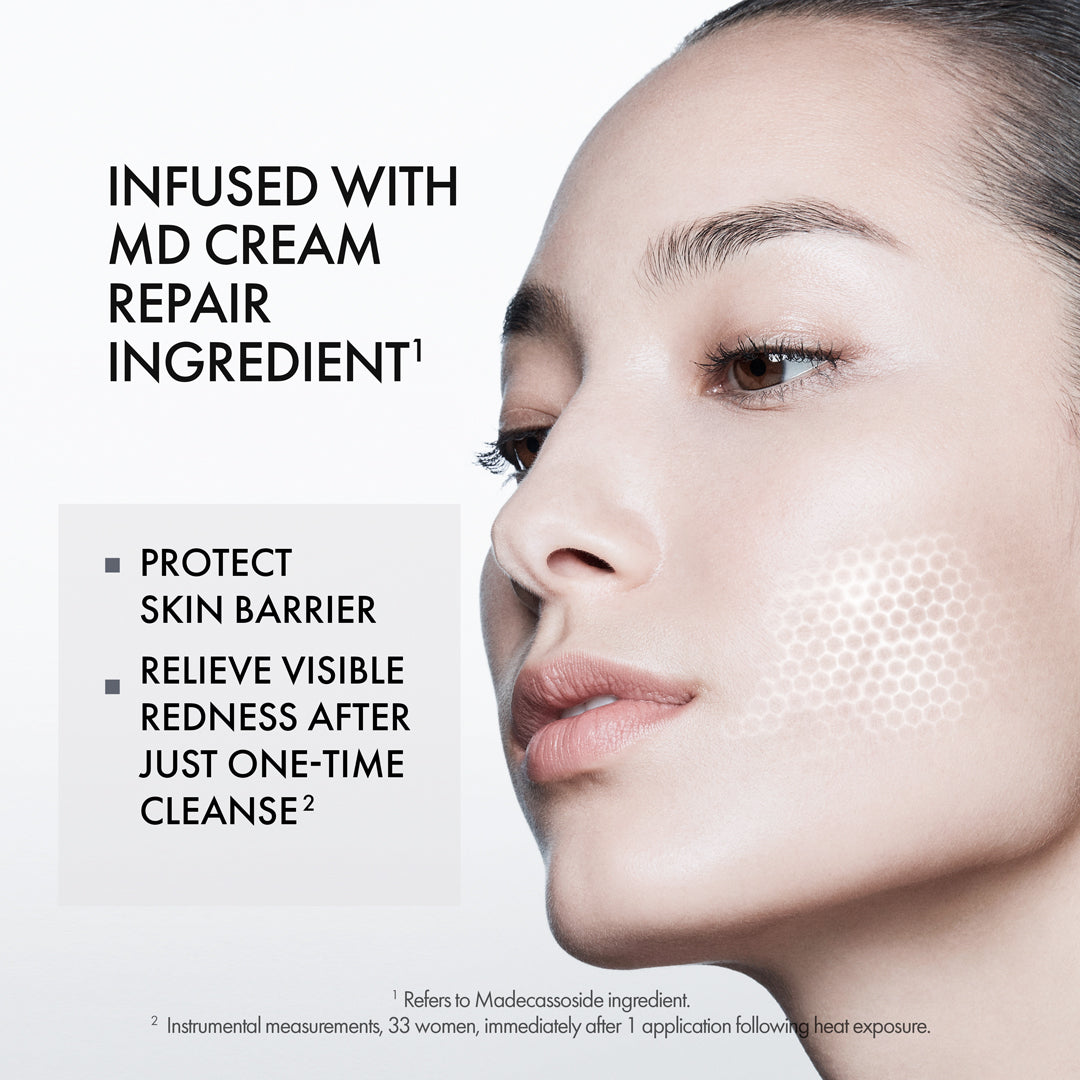 Advertisement for skincare product with a close-up of a person's face and text about MD Cream Repair Ingredient.