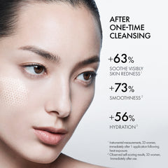 Advertisement showing a woman's face with cleansing benefits text on a white background