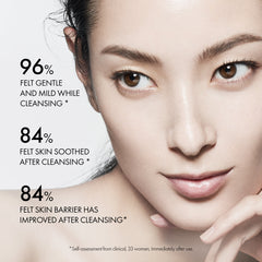 Woman's face with text indicating cleansing product efficacy