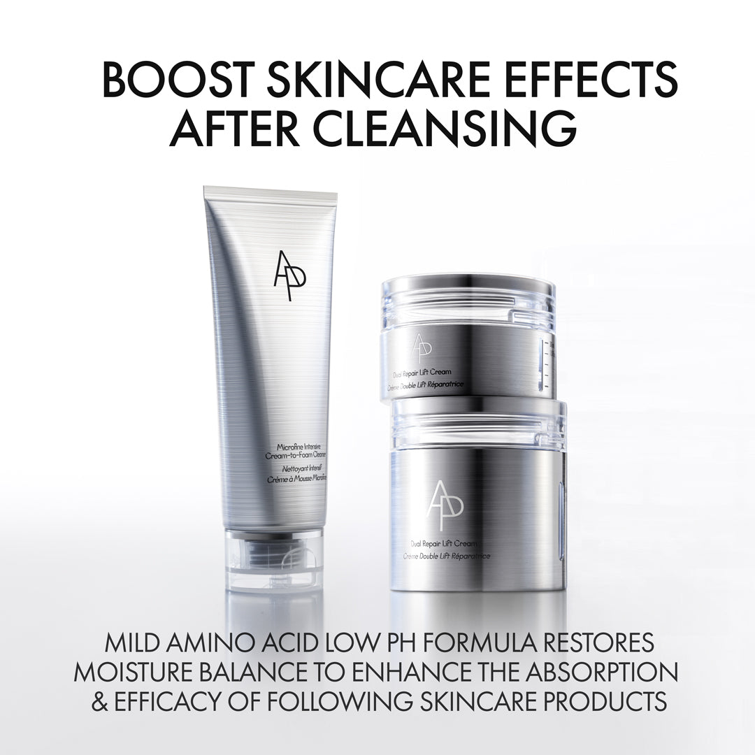Two skincare products with a brand logo on a white background, promoting skincare effects after cleansing.