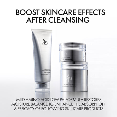 Two skincare products with a brand logo on a white background, promoting skincare effects after cleansing.