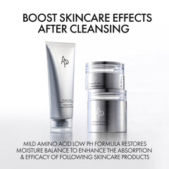 Two skincare products with a brand logo on a white background, promoting skincare effects after cleansing.