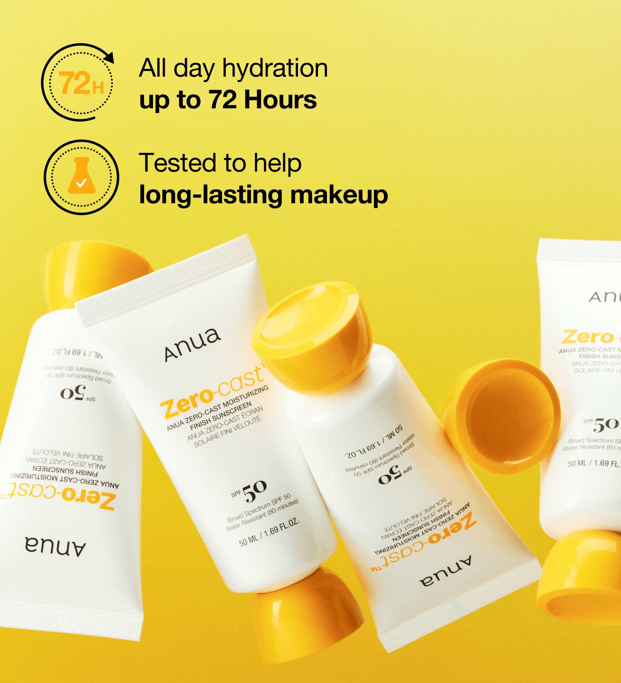 Anua Zero Cost sunscreen bottles with yellow caps on a yellow background