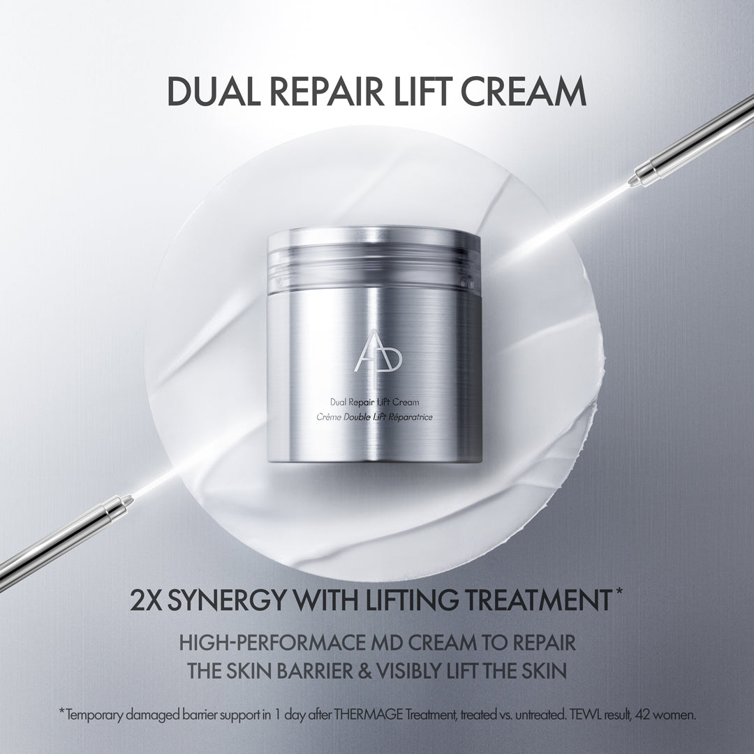 Silver jar of Dual Repair Lift Cream with text on a gray background