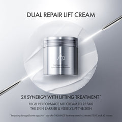 Silver jar of Dual Repair Lift Cream with text on a gray background