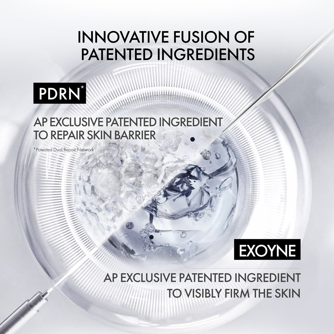 Advertisement for PDRN skincare product with text about patented ingredients and their benefits.