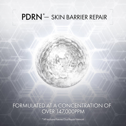 Advertisement for PDRN skin barrier repair with a hexagonal pattern background