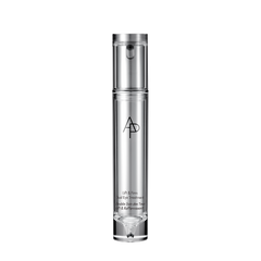 Skincare bottle with silver cap and black text on a white background