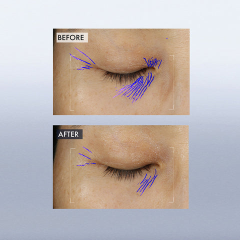 Before and after comparison of eyelash extensions with purple markings on a neutral background.